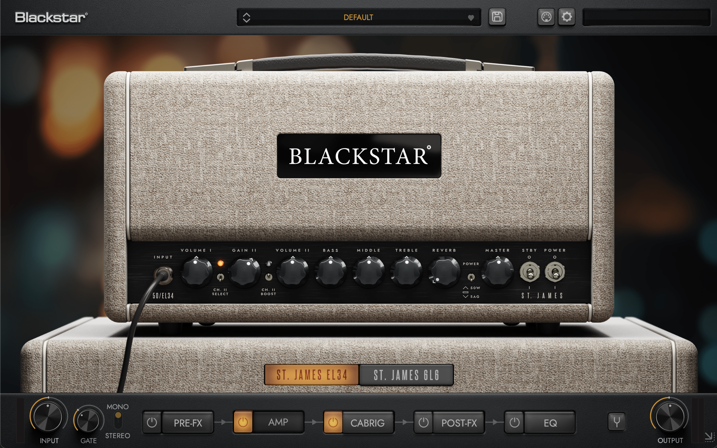 Blackstar St. James EL34 Plugin mit Amp- und Cab-Sektion für die Hörbeispiele zu Gain und Volume.